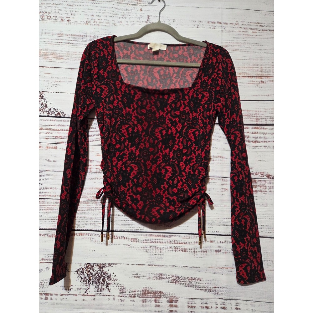 Michael Kors Red Black Floral Lace Print Ruched Side Square Neck Top XS